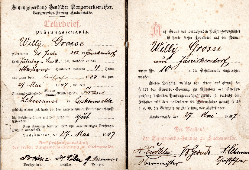 Lehrbrief Williy Große 1888 Lehrbrief Williy Große 1888
